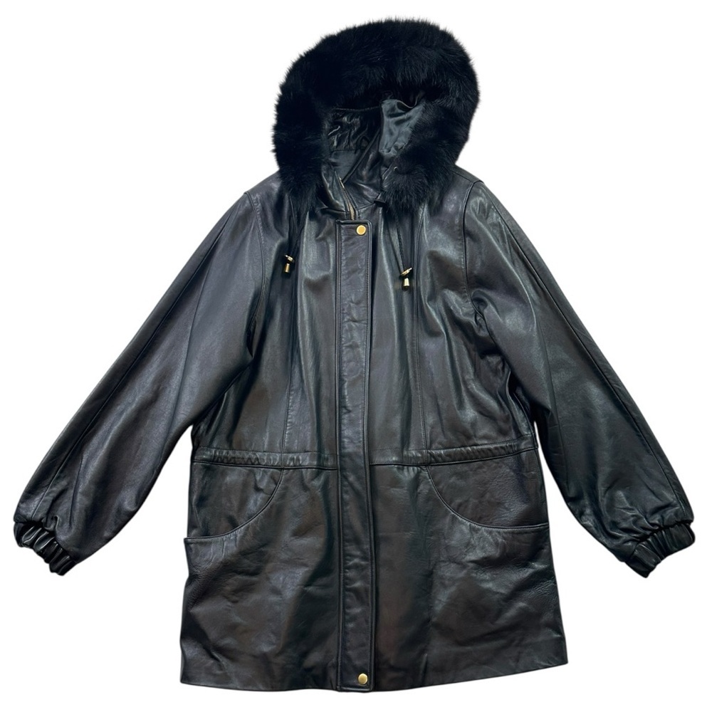 Worthington Black Lambskin Leather Jacket  Fox Fur Trim Hood Size XL